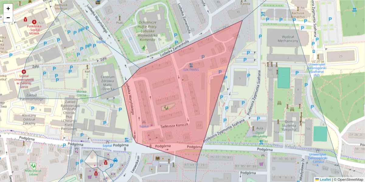 Szczegółowa mapa kodu pocztowego 65-190 z granicami, sąsiednimi kodami pocztowymi i urzędami pocztowymi