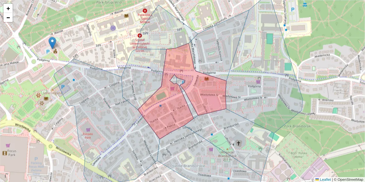 Szczegółowa mapa kodu pocztowego 65-213 z granicami, sąsiednimi kodami pocztowymi i urzędami pocztowymi