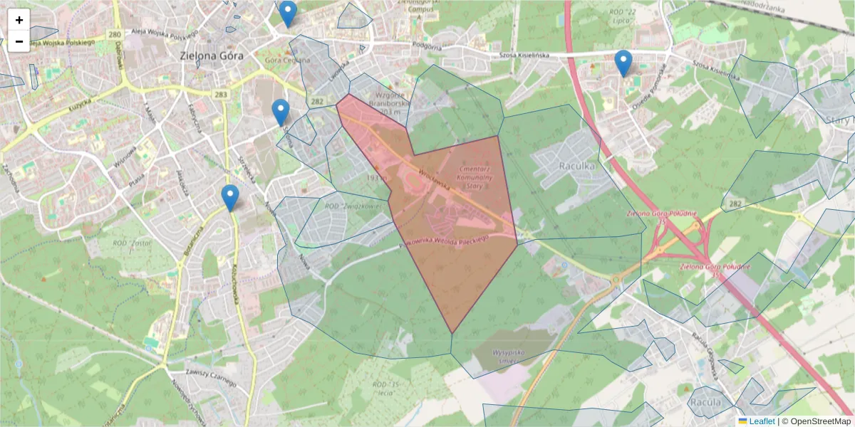Szczegółowa mapa kodu pocztowego 65-218 z granicami, sąsiednimi kodami pocztowymi i urzędami pocztowymi