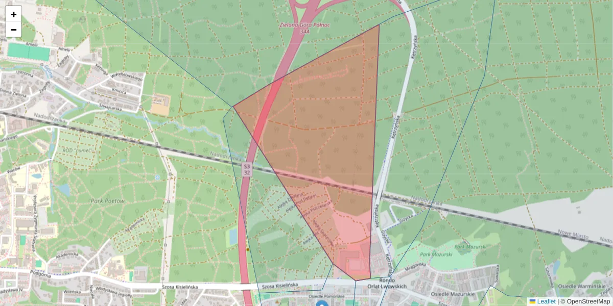 Szczegółowa mapa kodu pocztowego 65-247 z granicami, sąsiednimi kodami pocztowymi i urzędami pocztowymi