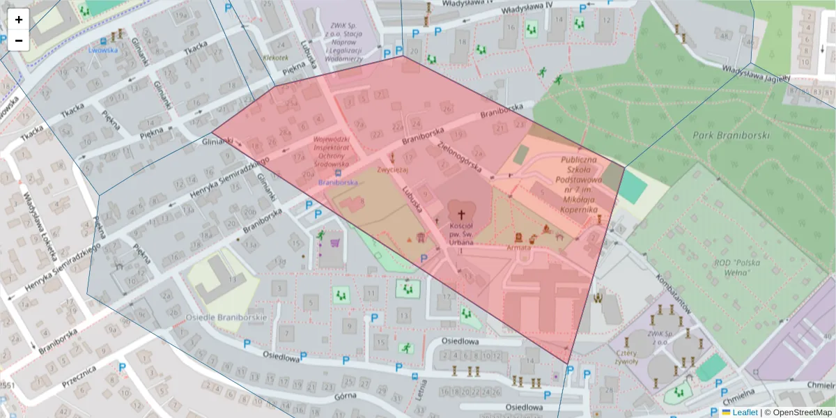 Szczegółowa mapa kodu pocztowego 65-265 z granicami, sąsiednimi kodami pocztowymi i urzędami pocztowymi