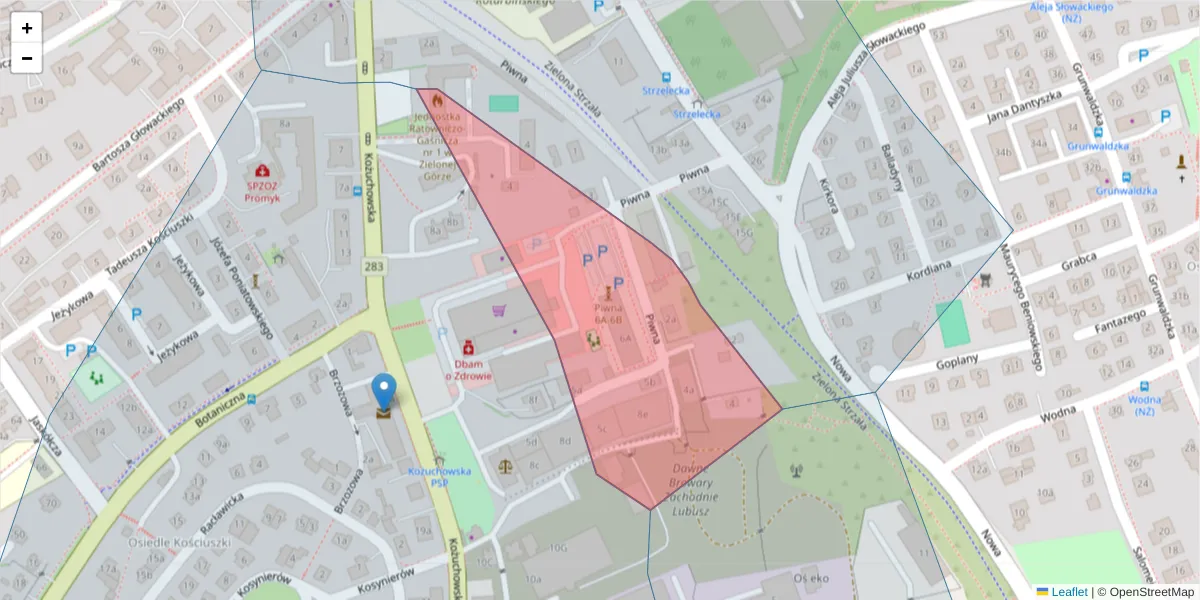 Szczegółowa mapa kodu pocztowego 65-315 z granicami, sąsiednimi kodami pocztowymi i urzędami pocztowymi