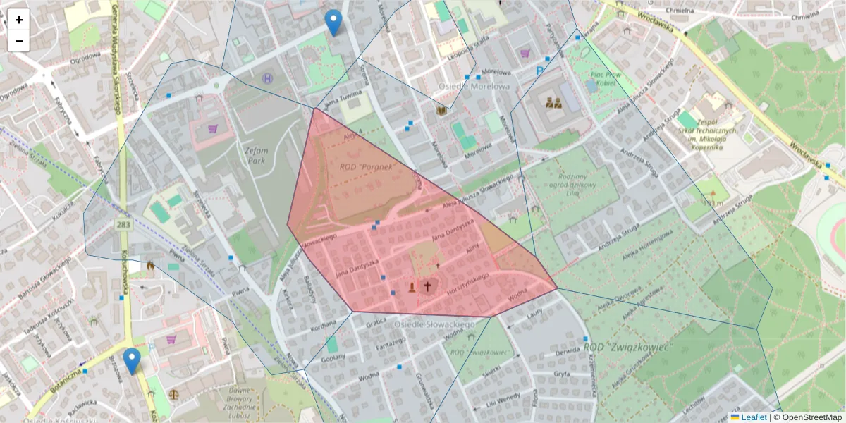Szczegółowa mapa kodu pocztowego 65-326 z granicami, sąsiednimi kodami pocztowymi i urzędami pocztowymi