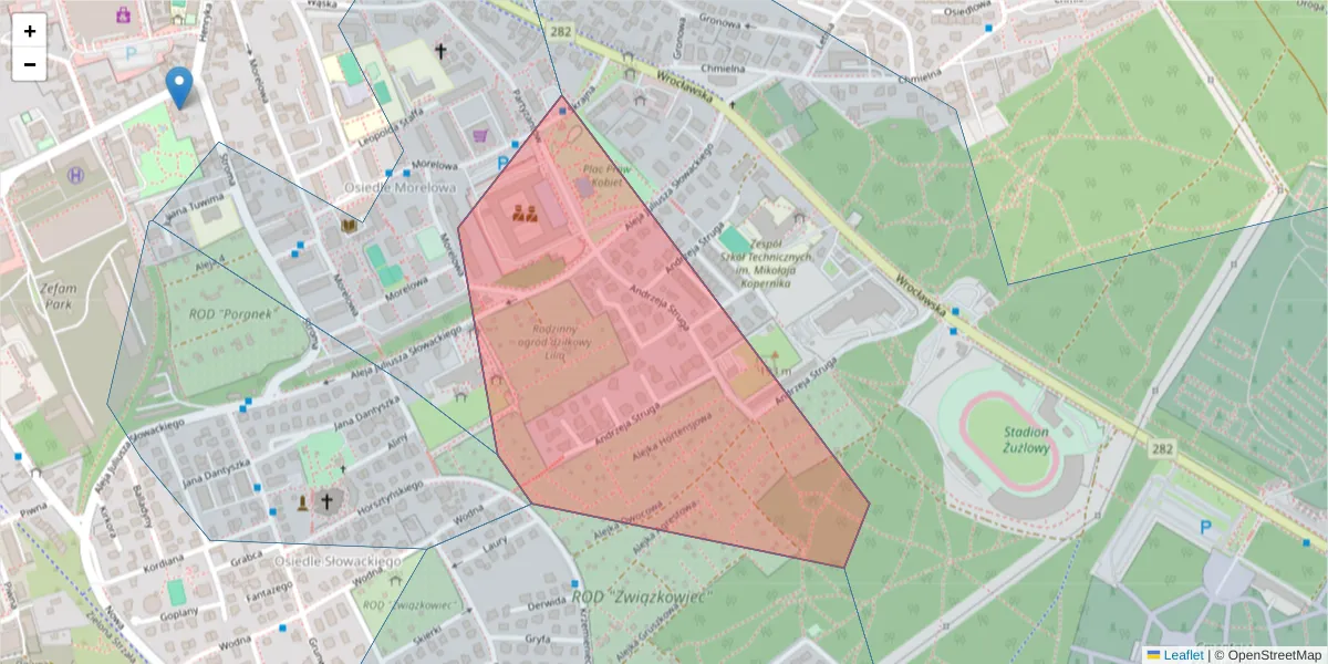 Szczegółowa mapa kodu pocztowego 65-332 z granicami, sąsiednimi kodami pocztowymi i urzędami pocztowymi