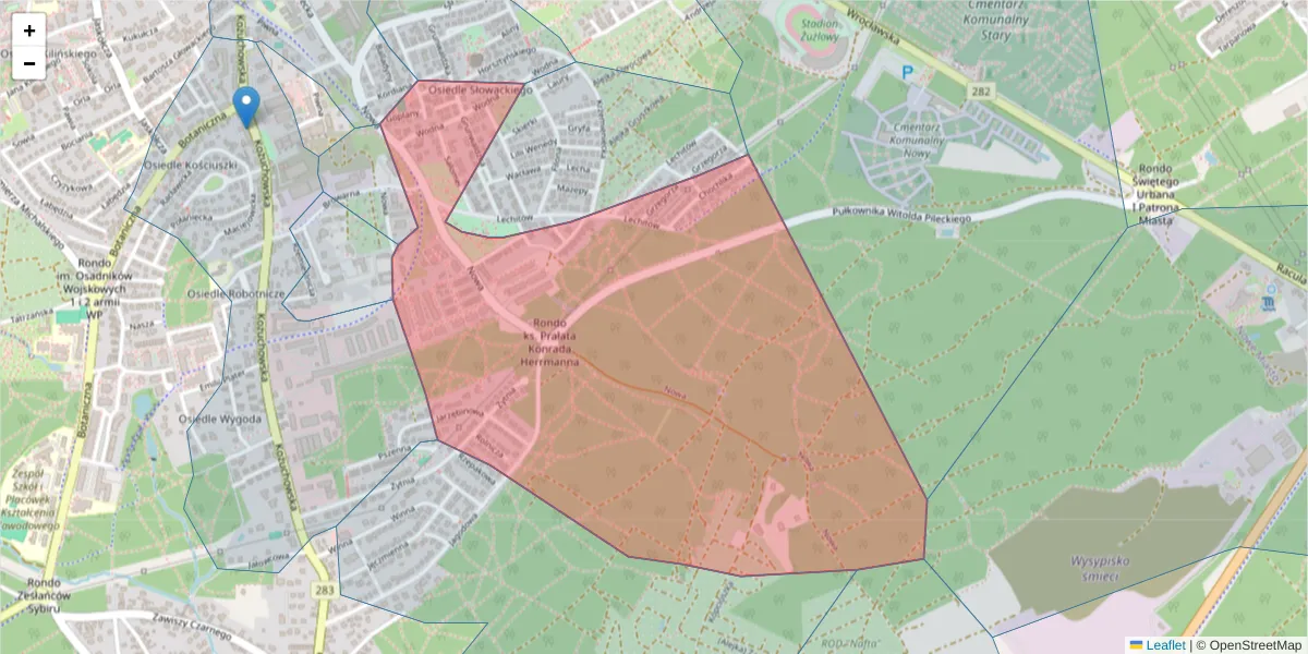 Szczegółowa mapa kodu pocztowego 65-339 z granicami, sąsiednimi kodami pocztowymi i urzędami pocztowymi