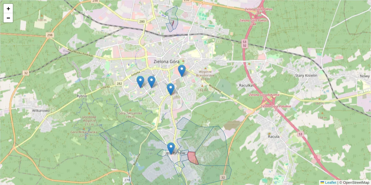 Szczegółowa mapa kodu pocztowego 65-374 z granicami, sąsiednimi kodami pocztowymi i urzędami pocztowymi