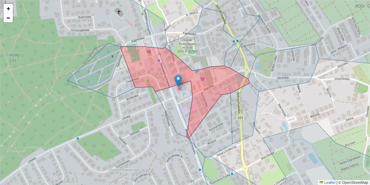 Szczegółowa mapa kodu pocztowego 65-382 z granicami, sąsiednimi kodami pocztowymi i urzędami pocztowymi
