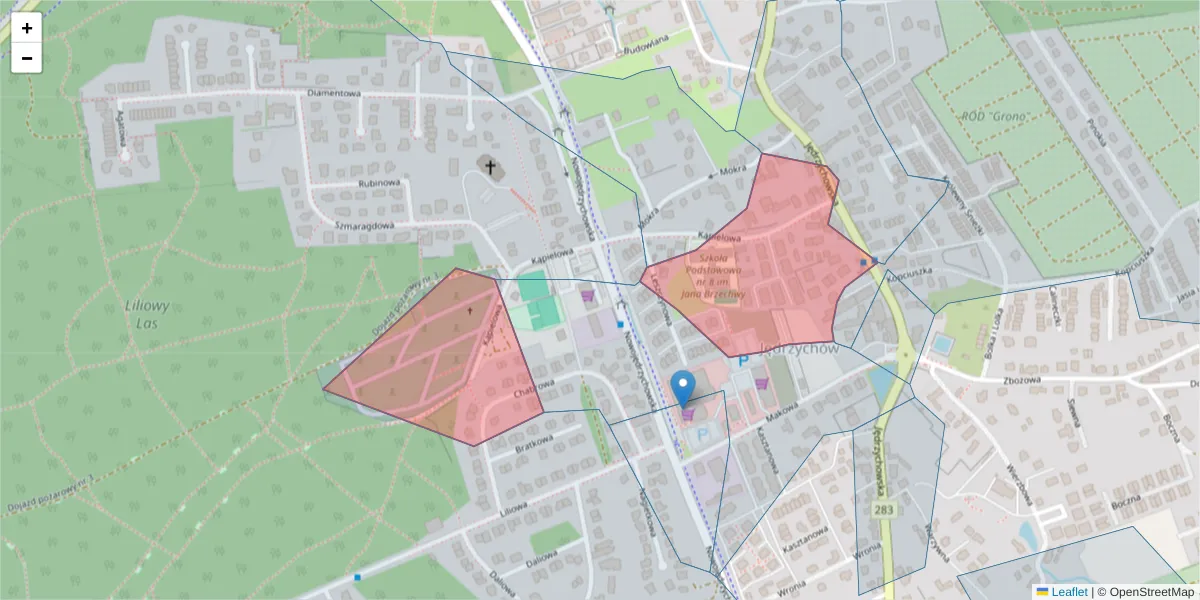 Szczegółowa mapa kodu pocztowego 65-383 z granicami, sąsiednimi kodami pocztowymi i urzędami pocztowymi