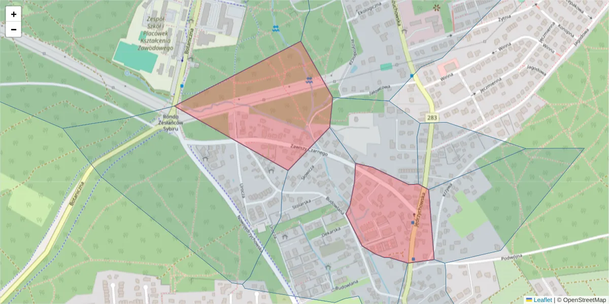 Szczegółowa mapa kodu pocztowego 65-387 z granicami, sąsiednimi kodami pocztowymi i urzędami pocztowymi