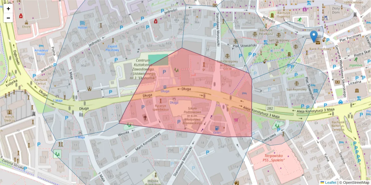 Szczegółowa mapa kodu pocztowego 65-401 z granicami, sąsiednimi kodami pocztowymi i urzędami pocztowymi