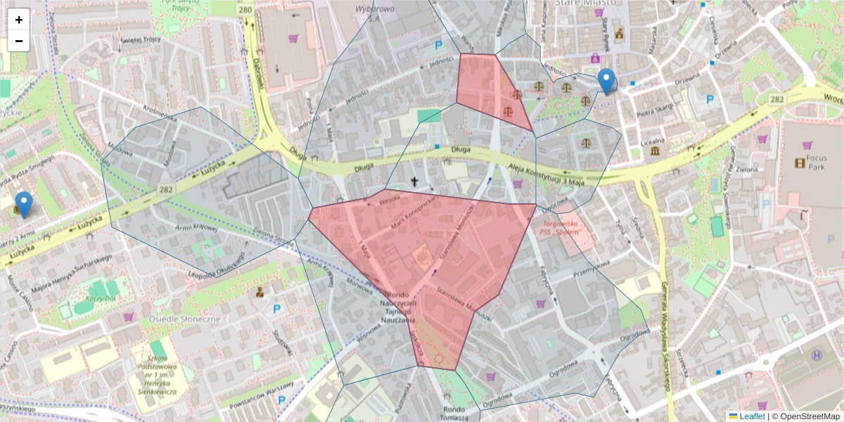 Szczegółowa mapa kodu pocztowego 65-409 z granicami, sąsiednimi kodami pocztowymi i urzędami pocztowymi
