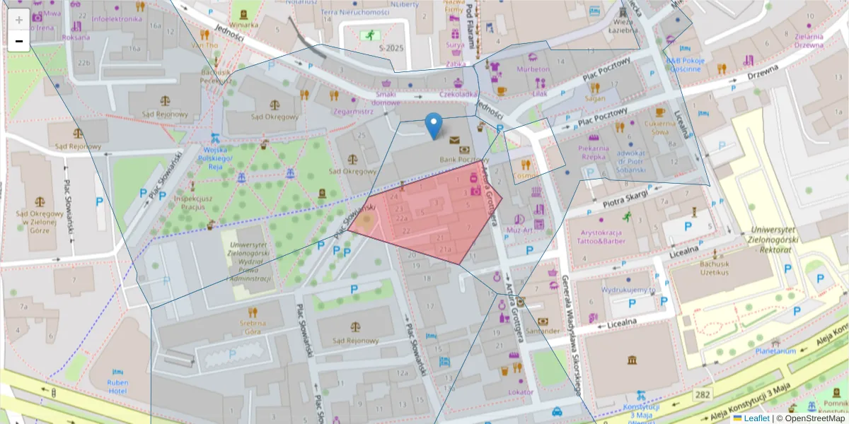 Szczegółowa mapa kodu pocztowego 65-415 z granicami, sąsiednimi kodami pocztowymi i urzędami pocztowymi