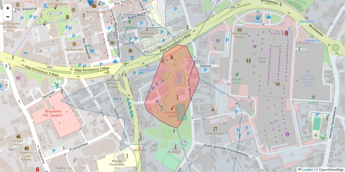 Szczegółowa mapa kodu pocztowego 65-418 z granicami, sąsiednimi kodami pocztowymi i urzędami pocztowymi