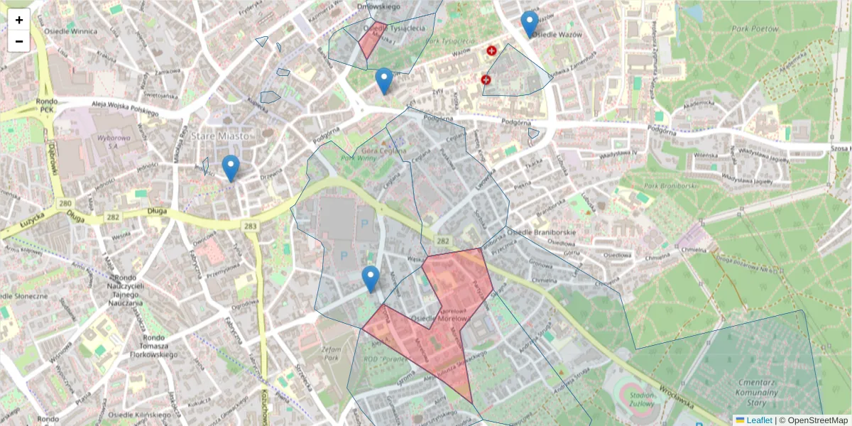 Szczegółowa mapa kodu pocztowego 65-434 z granicami, sąsiednimi kodami pocztowymi i urzędami pocztowymi