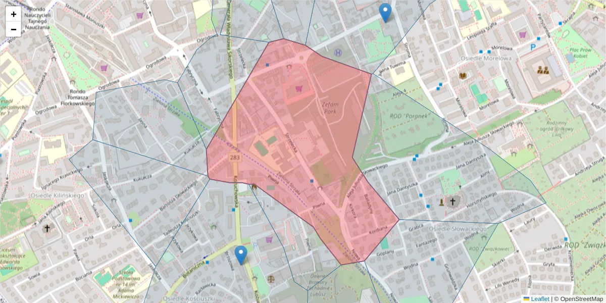 Szczegółowa mapa kodu pocztowego 65-452 z granicami, sąsiednimi kodami pocztowymi i urzędami pocztowymi