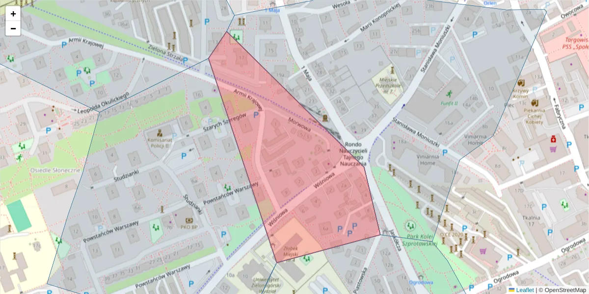 Szczegółowa mapa kodu pocztowego 65-465 z granicami, sąsiednimi kodami pocztowymi i urzędami pocztowymi