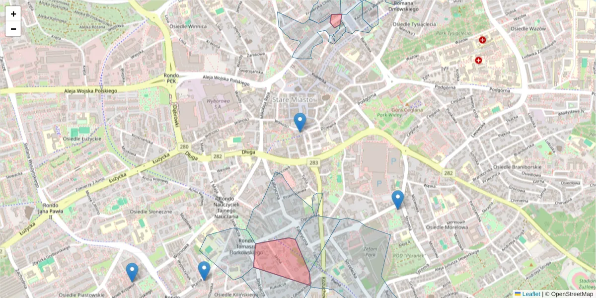 Szczegółowa mapa kodu pocztowego 65-470 z granicami, sąsiednimi kodami pocztowymi i urzędami pocztowymi