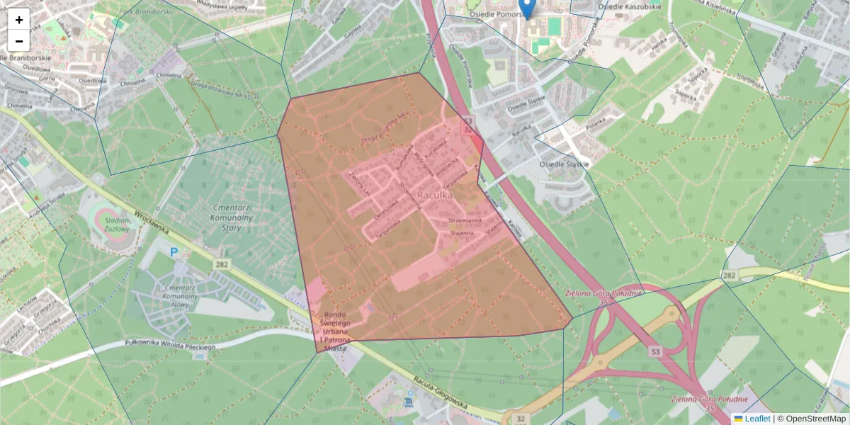 Szczegółowa mapa kodu pocztowego 65-544 z granicami, sąsiednimi kodami pocztowymi i urzędami pocztowymi