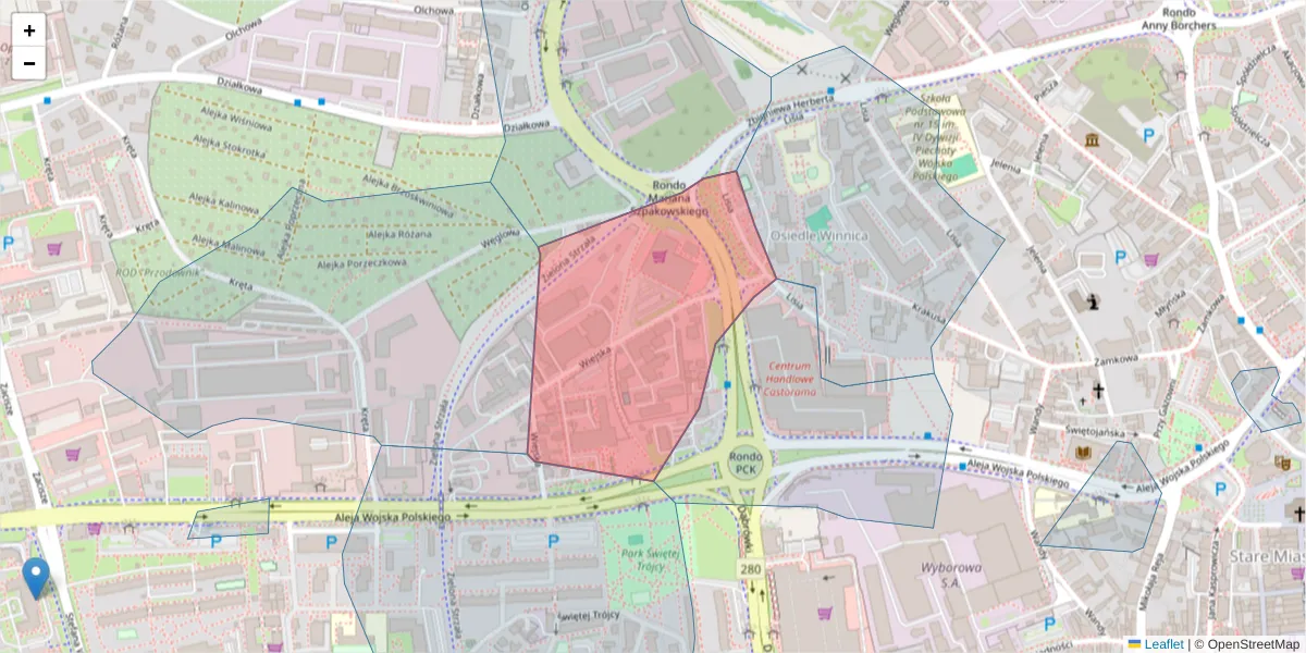 Szczegółowa mapa kodu pocztowego 65-609 z granicami, sąsiednimi kodami pocztowymi i urzędami pocztowymi