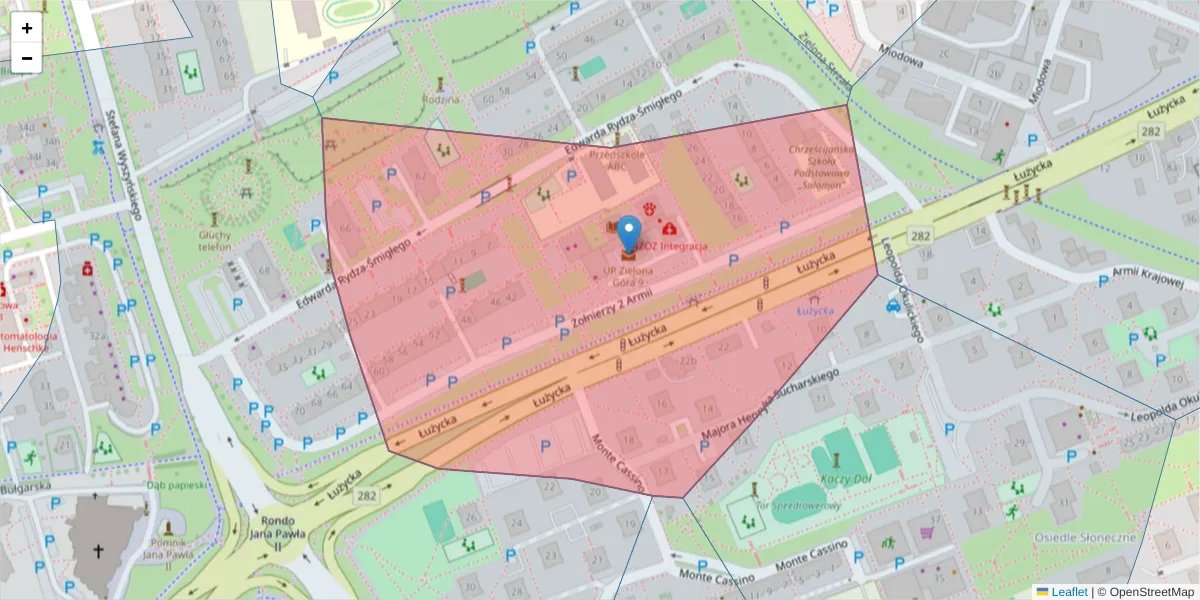Szczegółowa mapa kodu pocztowego 65-613 z granicami, sąsiednimi kodami pocztowymi i urzędami pocztowymi