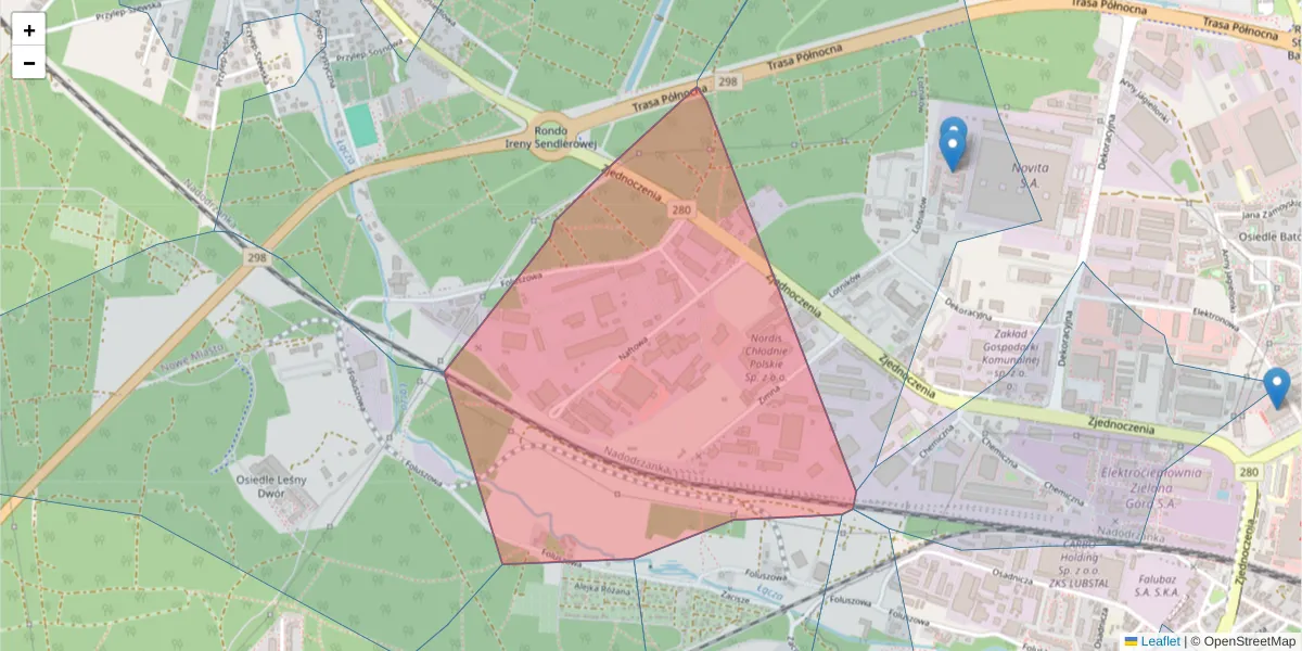 Szczegółowa mapa kodu pocztowego 65-705 z granicami, sąsiednimi kodami pocztowymi i urzędami pocztowymi