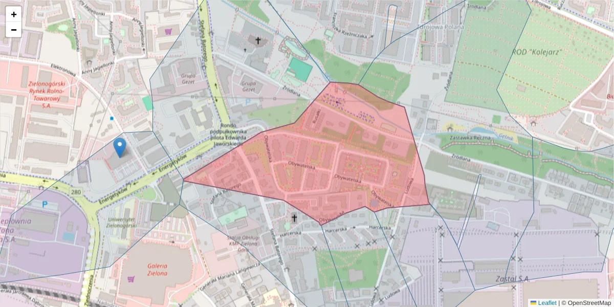 Szczegółowa mapa kodu pocztowego 65-736 z granicami, sąsiednimi kodami pocztowymi i urzędami pocztowymi