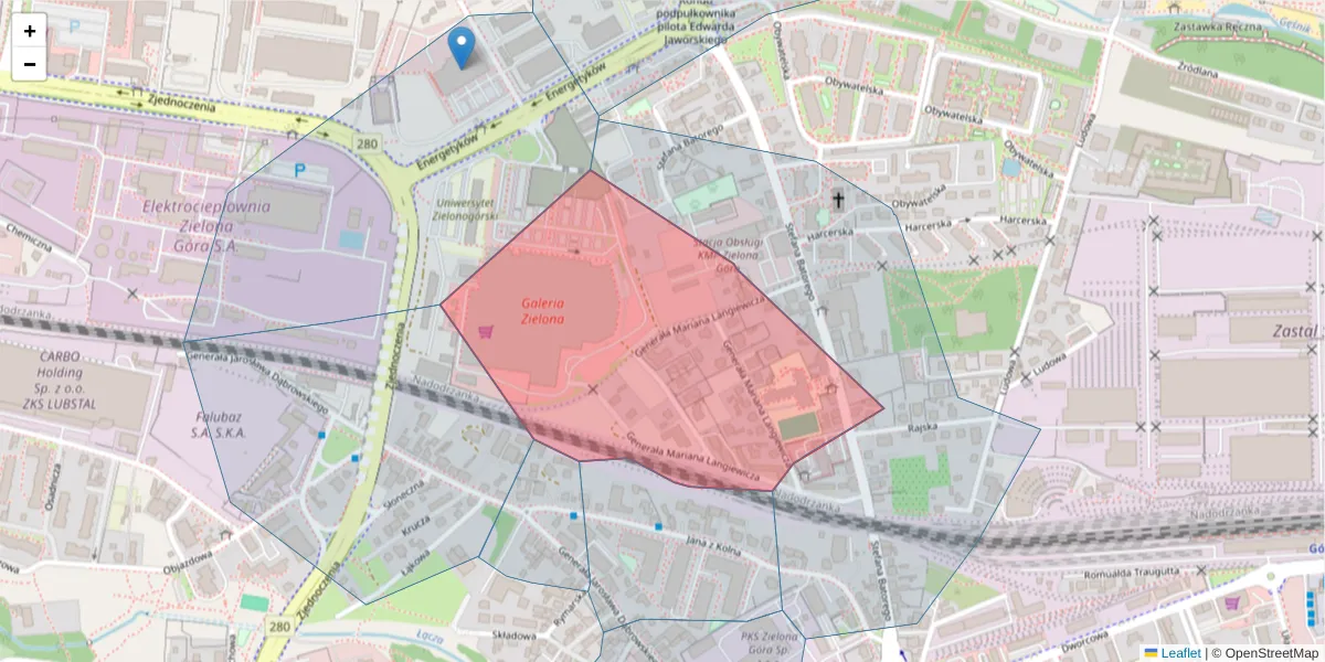 Szczegółowa mapa kodu pocztowego 65-740 z granicami, sąsiednimi kodami pocztowymi i urzędami pocztowymi