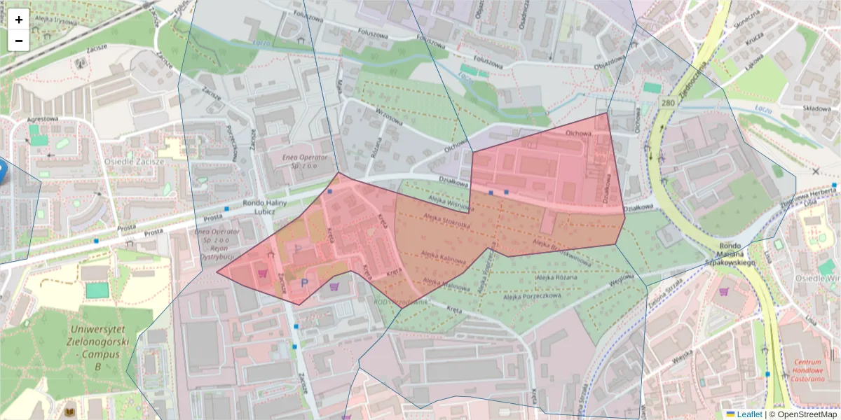 Szczegółowa mapa kodu pocztowego 65-767 z granicami, sąsiednimi kodami pocztowymi i urzędami pocztowymi