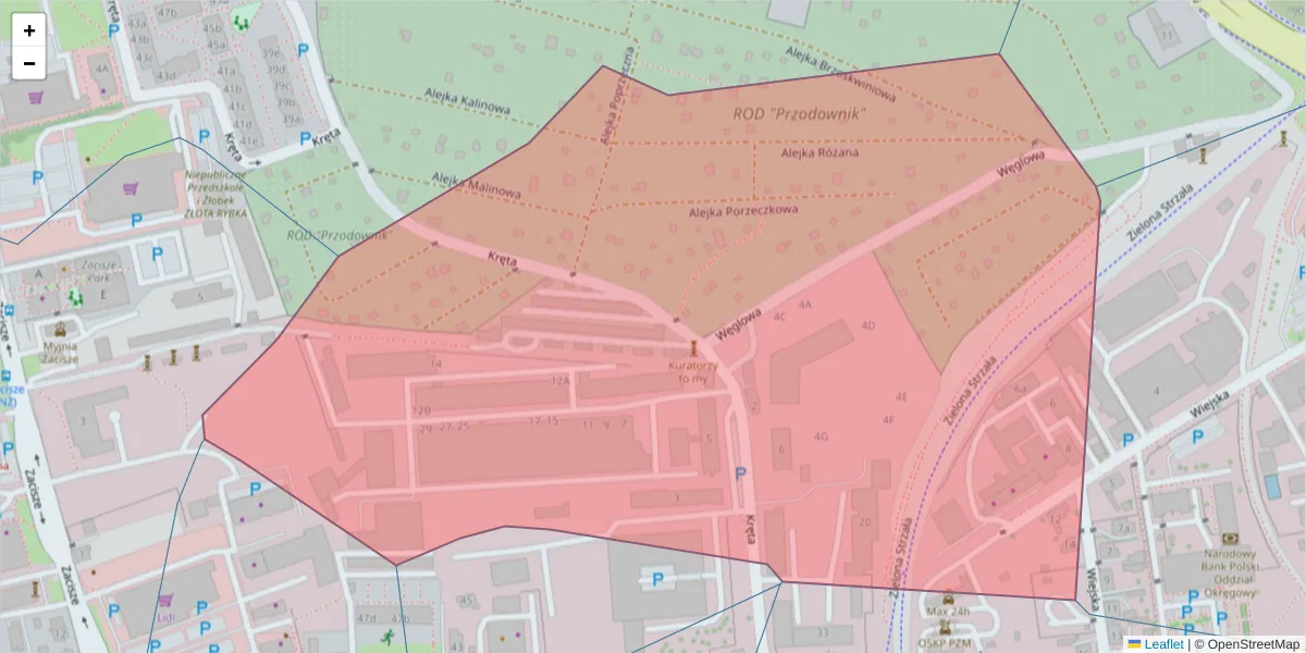 Szczegółowa mapa kodu pocztowego 65-770 z granicami, sąsiednimi kodami pocztowymi i urzędami pocztowymi