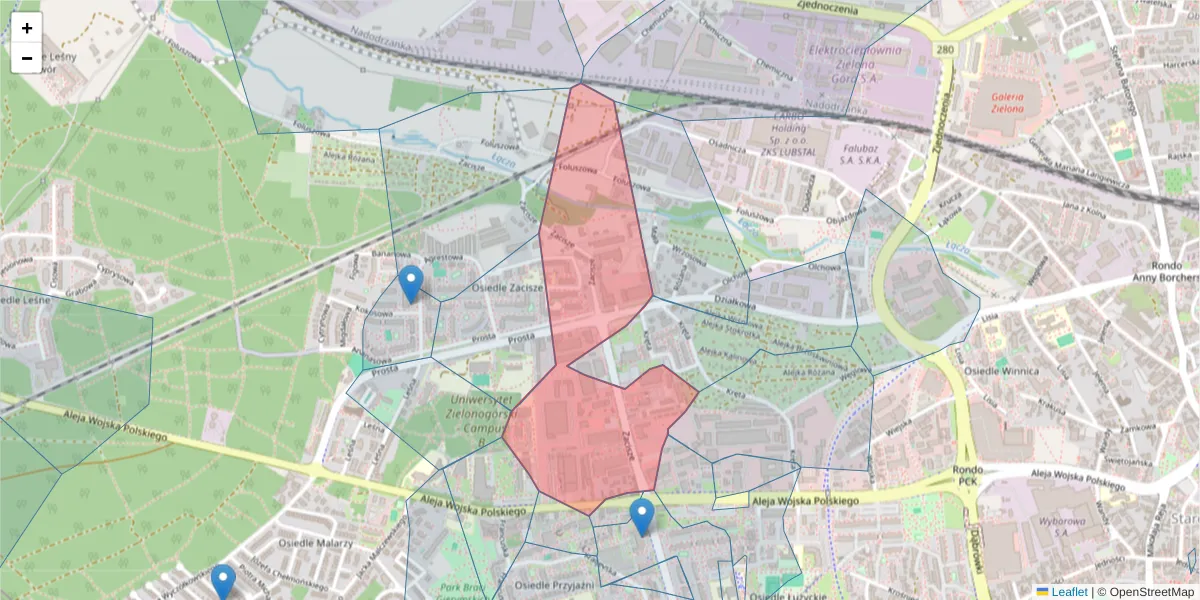 Szczegółowa mapa kodu pocztowego 65-775 z granicami, sąsiednimi kodami pocztowymi i urzędami pocztowymi