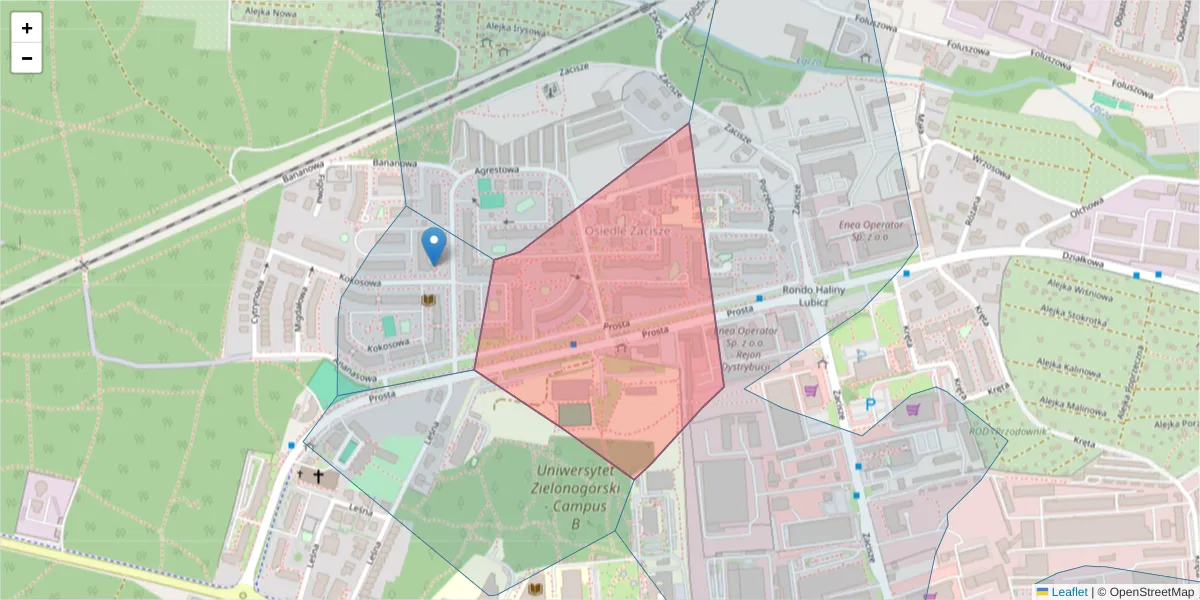 Szczegółowa mapa kodu pocztowego 65-780 z granicami, sąsiednimi kodami pocztowymi i urzędami pocztowymi