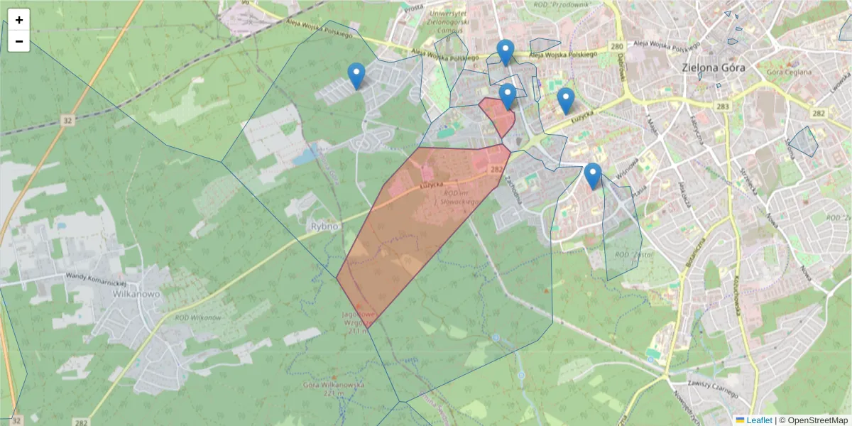 Szczegółowa mapa kodu pocztowego 65-943 z granicami, sąsiednimi kodami pocztowymi i urzędami pocztowymi