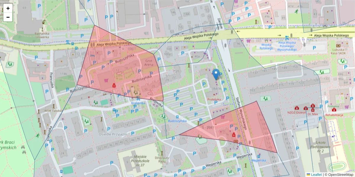 Szczegółowa mapa kodu pocztowego 65-945 z granicami, sąsiednimi kodami pocztowymi i urzędami pocztowymi