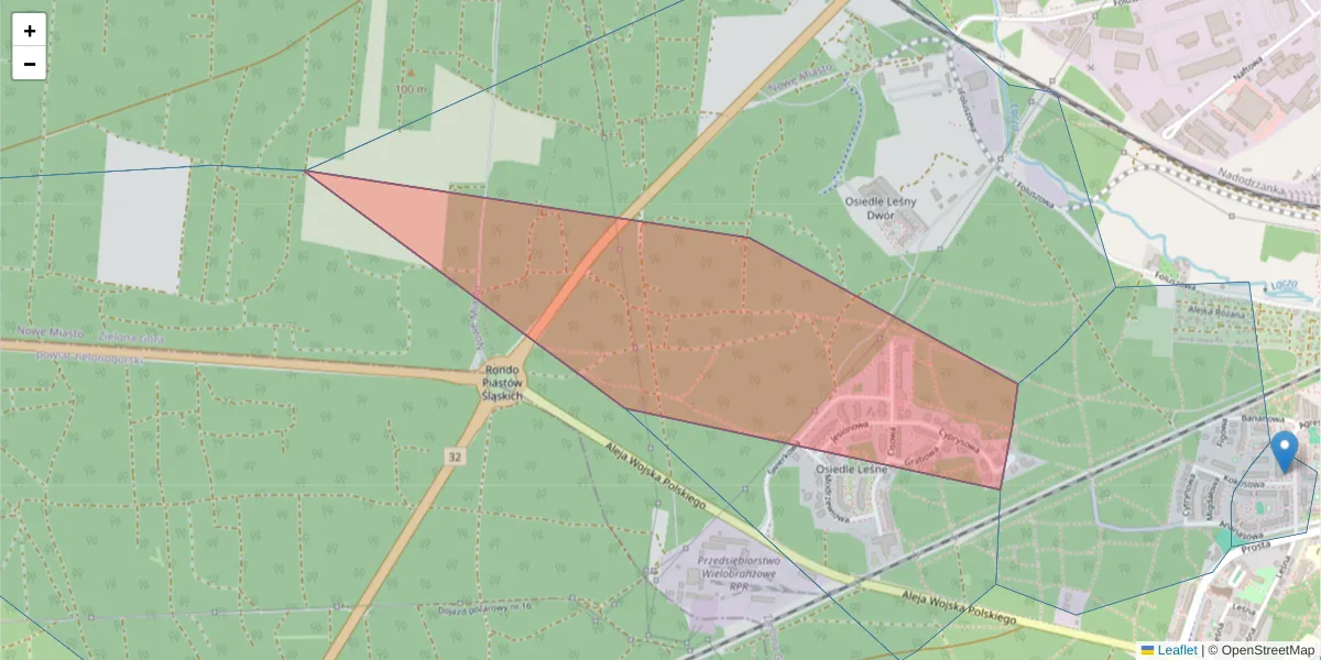 Szczegółowa mapa kodu pocztowego 65-960 z granicami, sąsiednimi kodami pocztowymi i urzędami pocztowymi