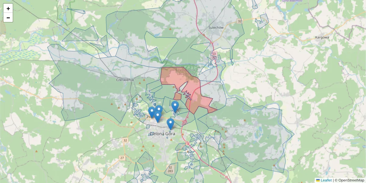 Szczegółowa mapa kodu pocztowego 66-001 z granicami, sąsiednimi kodami pocztowymi i urzędami pocztowymi