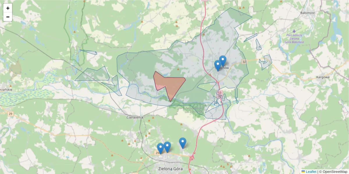 Szczegółowa mapa kodu pocztowego 66-105 z granicami, sąsiednimi kodami pocztowymi i urzędami pocztowymi