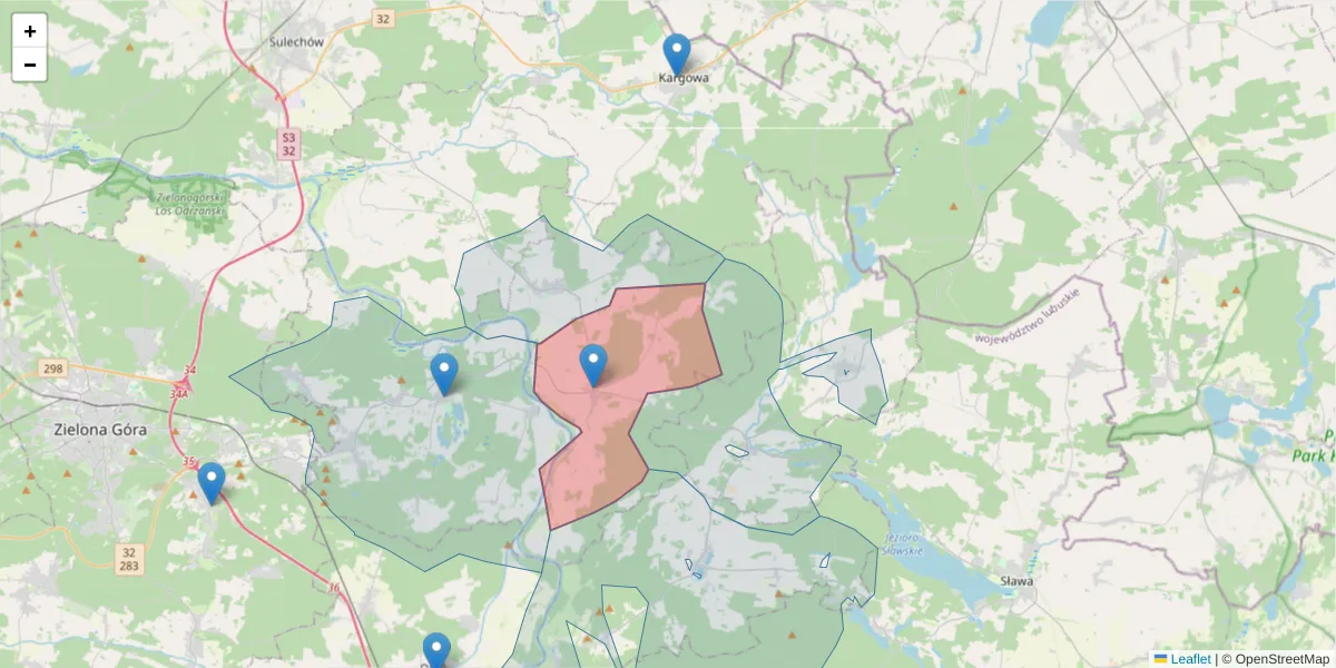 Szczegółowa mapa kodu pocztowego 66-130 z granicami, sąsiednimi kodami pocztowymi i urzędami pocztowymi