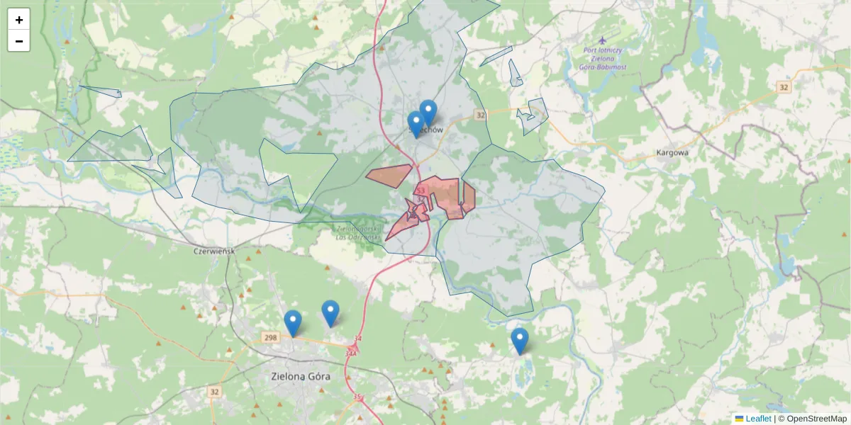Szczegółowa mapa kodu pocztowego 66-131 z granicami, sąsiednimi kodami pocztowymi i urzędami pocztowymi