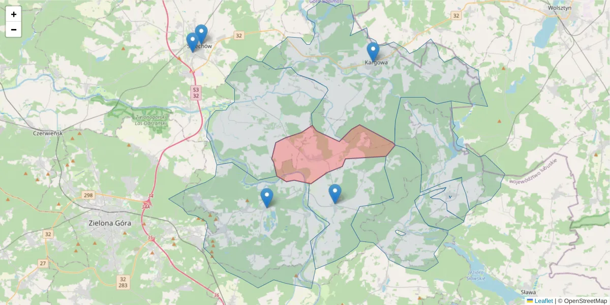 Szczegółowa mapa kodu pocztowego 66-133 z granicami, sąsiednimi kodami pocztowymi i urzędami pocztowymi