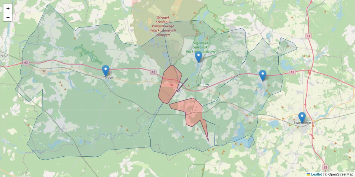 Szczegółowa mapa kodu pocztowego 66-233 z granicami, sąsiednimi kodami pocztowymi i urzędami pocztowymi