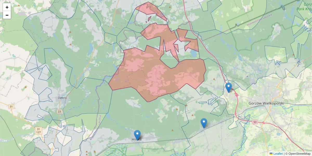 Szczegółowa mapa kodu pocztowego 66-433 z granicami, sąsiednimi kodami pocztowymi i urzędami pocztowymi