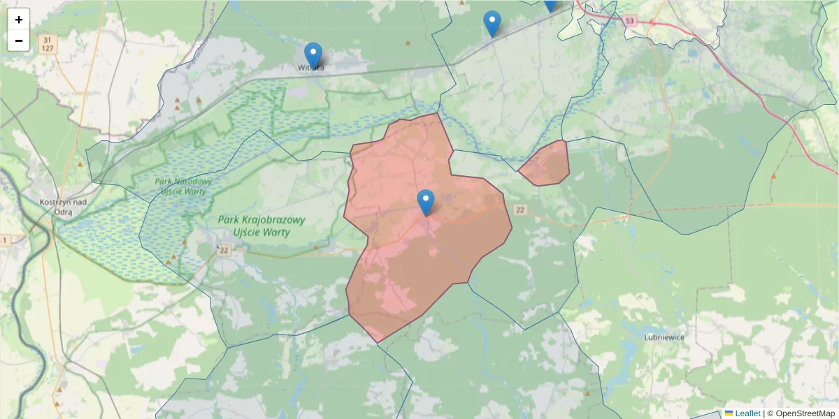 Szczegółowa mapa kodu pocztowego 66-435 z granicami, sąsiednimi kodami pocztowymi i urzędami pocztowymi