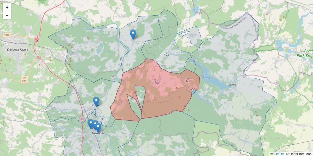 Szczegółowa mapa kodu pocztowego 67-108 z granicami, sąsiednimi kodami pocztowymi i urzędami pocztowymi