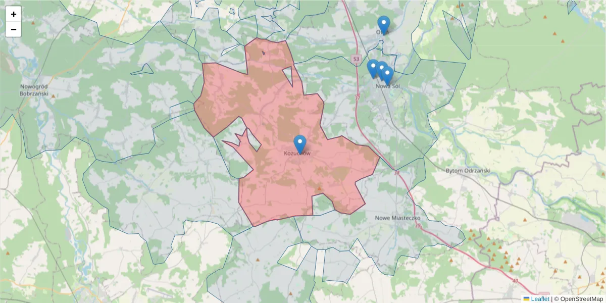 Szczegółowa mapa kodu pocztowego 67-120 z granicami, sąsiednimi kodami pocztowymi i urzędami pocztowymi