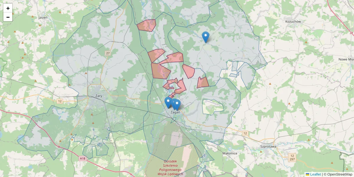 Szczegółowa mapa kodu pocztowego 68-111 z granicami, sąsiednimi kodami pocztowymi i urzędami pocztowymi