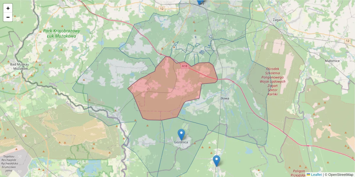 Szczegółowa mapa kodu pocztowego 68-131 z granicami, sąsiednimi kodami pocztowymi i urzędami pocztowymi