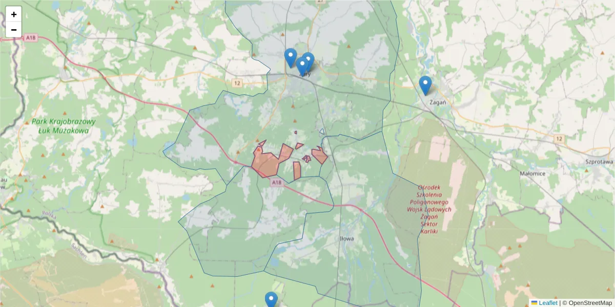 Szczegółowa mapa kodu pocztowego 68-206 z granicami, sąsiednimi kodami pocztowymi i urzędami pocztowymi