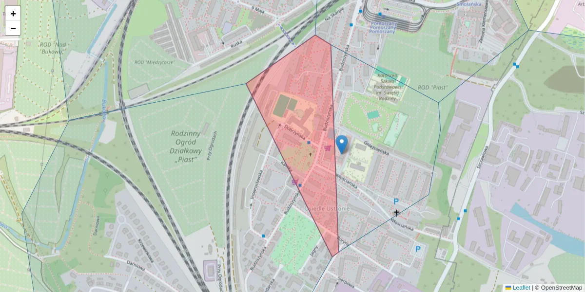 Szczegółowa mapa kodu pocztowego 70-023 z granicami, sąsiednimi kodami pocztowymi i urzędami pocztowymi