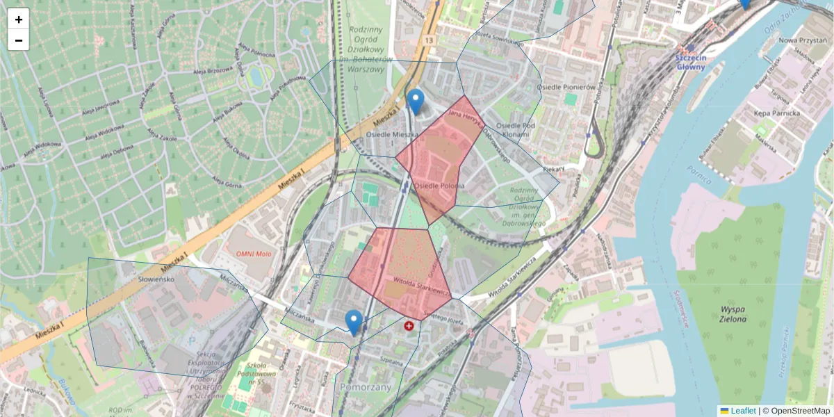 Szczegółowa mapa kodu pocztowego 70-110 z granicami, sąsiednimi kodami pocztowymi i urzędami pocztowymi