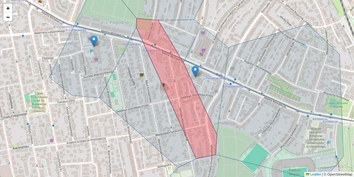 Szczegółowa mapa kodu pocztowego 70-140 z granicami, sąsiednimi kodami pocztowymi i urzędami pocztowymi